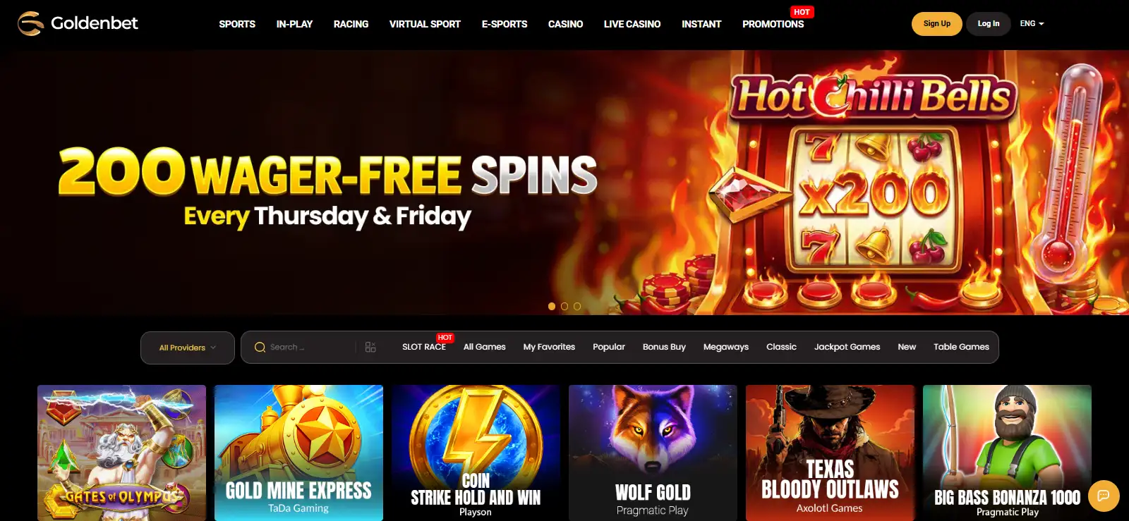 Goldenbet casino catalogue showing slot and live-casino game tiles
