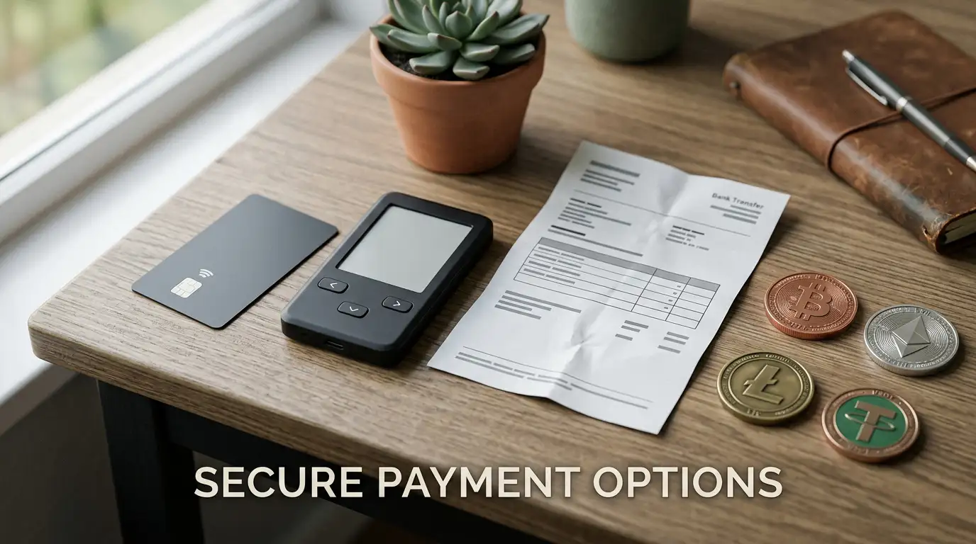 Payment cards, digital wallets, bank transfer symbols and cryptocurrency tokens arranged on a desk