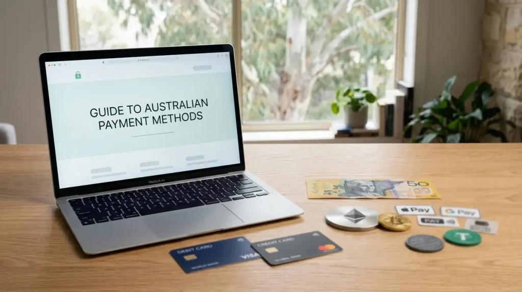 Laptop with payment cards, digital wallet icons and cryptocurrency coins beside an Australian dollar note
