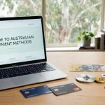 Laptop with payment cards, digital wallet icons and cryptocurrency coins beside an Australian dollar note