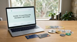 Laptop with payment cards, digital wallet icons and cryptocurrency coins beside an Australian dollar note