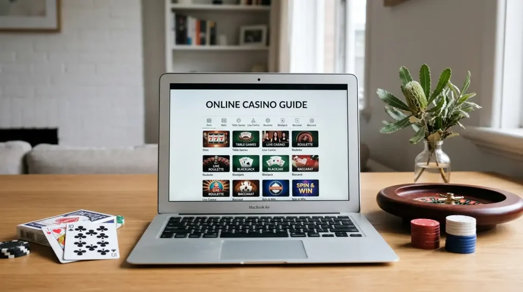 Laptop showing a casino game catalogue beside playing cards and neutral gaming tokens