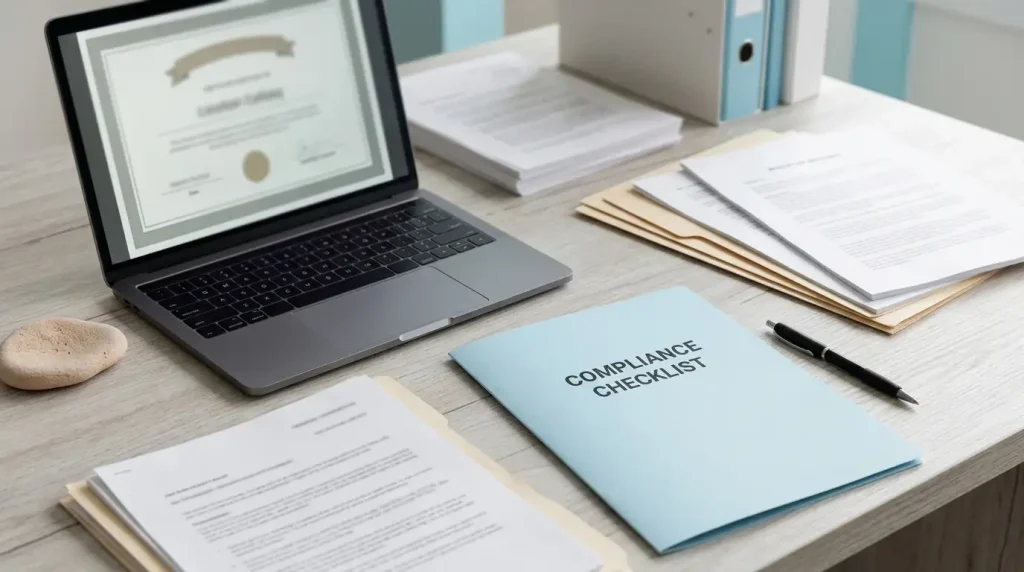 Regulatory documents beside a laptop and a neutral online gambling compliance checklist