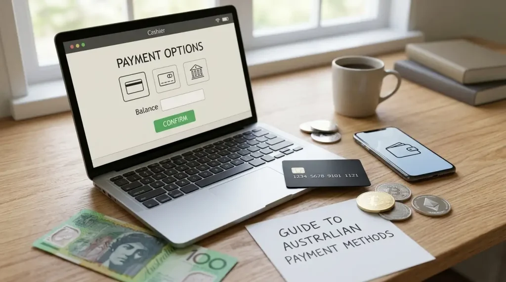 Laptop beside payment cards, digital wallet symbols and cryptocurrency coins on a desk