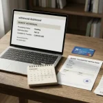 Banking documents, calendar and payment card arranged beside a laptop showing a withdrawal screen
