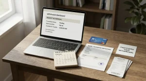 Banking documents, calendar and payment card arranged beside a laptop showing a withdrawal screen